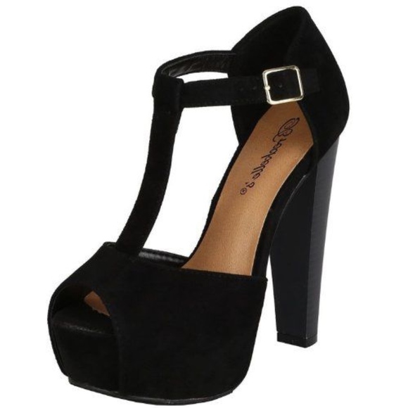 Breckelles Peep Toe T-Strap Platform Sandals Black - Picture 2 of 5
